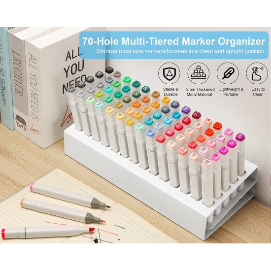 M有LifeUNIT: 70 Holes Marker Organizer for Desk, Metal Multi-Level Markers  Holder, Pen Storage Holding Rack for Color Pencils, Paint Brushes, White