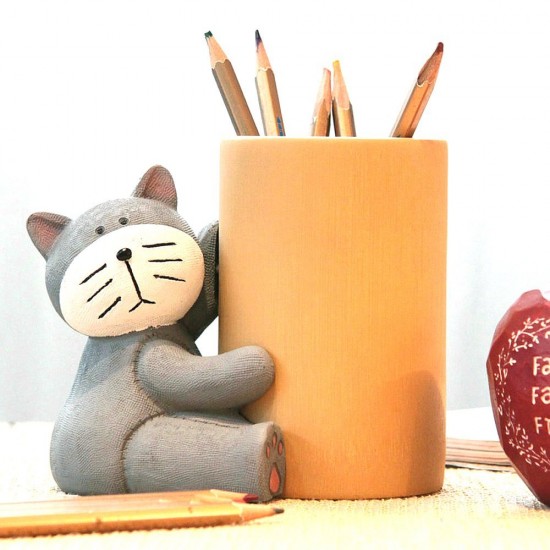 Mylifeunit Cute Cat Bamboo Pen Pencil Cup Holder Desk Organizers